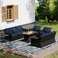 Joyside Wicker Patio Furniture Sets, 6 Pieces Upgraded Large Size Outdoor Furniture with Swivel Rocking Patio Chairs, Two 3-Seat Sofa, Fire Table, Coffee Table, Thick Cushions, Wide Armrest, Blue