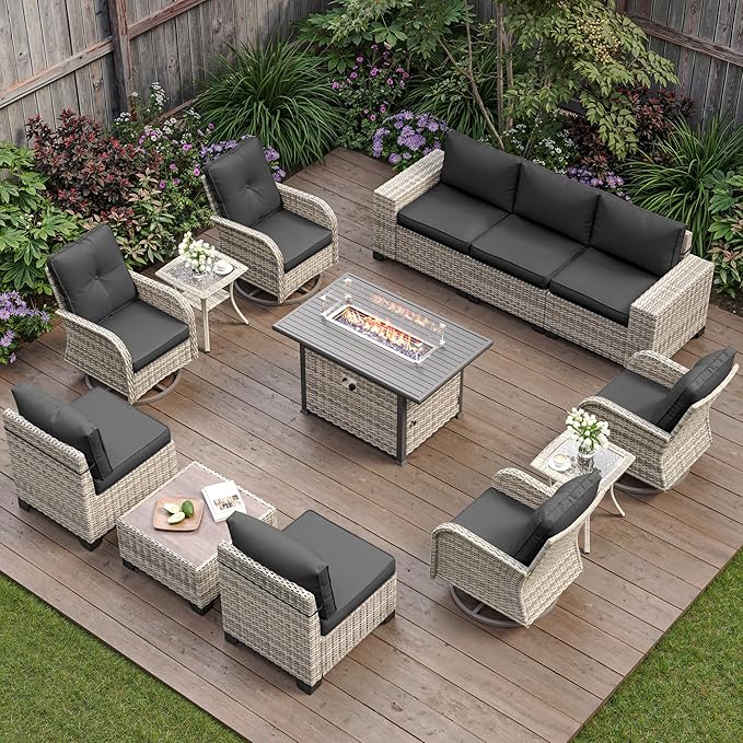 13-Piece Outdoor Patio Furniture Set with Rocking Swivel Chair, PE Wicker Rattan Sectional Sofa Patio Conversation Set with 55,000 BTU Fire Pit Table & Coffee Table, Dark Grey