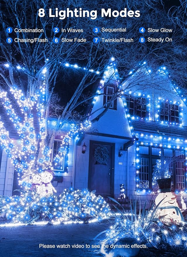 Minetom Solar String Lights for Outside, 33Ft 100 LED Outdoor Solar Fairy Lights, 8 Modes Balcony Lights for Tree Patio Christmas Party Decor (Blue and White)