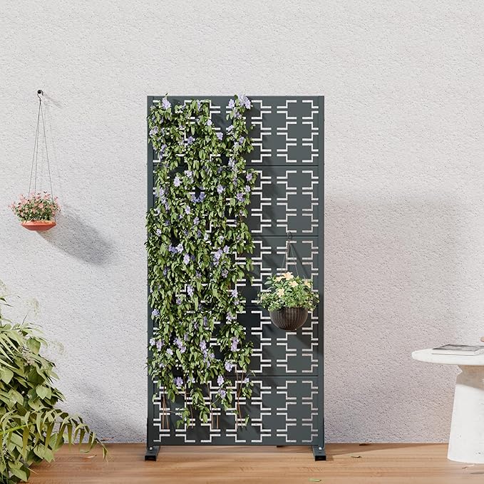 Casaphoria Metal Privacy Screen Outdoor, 60" x 30" W Freestanding Decorative Privacy Screen for Patio Deck Balcony Garden with Stable Base, Drakgrey-Brick