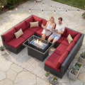NICESOUL 9 Piece Plus Size Outdoor Patio Conversation Set with Firepit Natural Gas/Propane, 29.3'' High Back Modular Sectional Sofa Sets, Heavy Duty Backyard Furniture, 2 Color Cushion Red & Grey