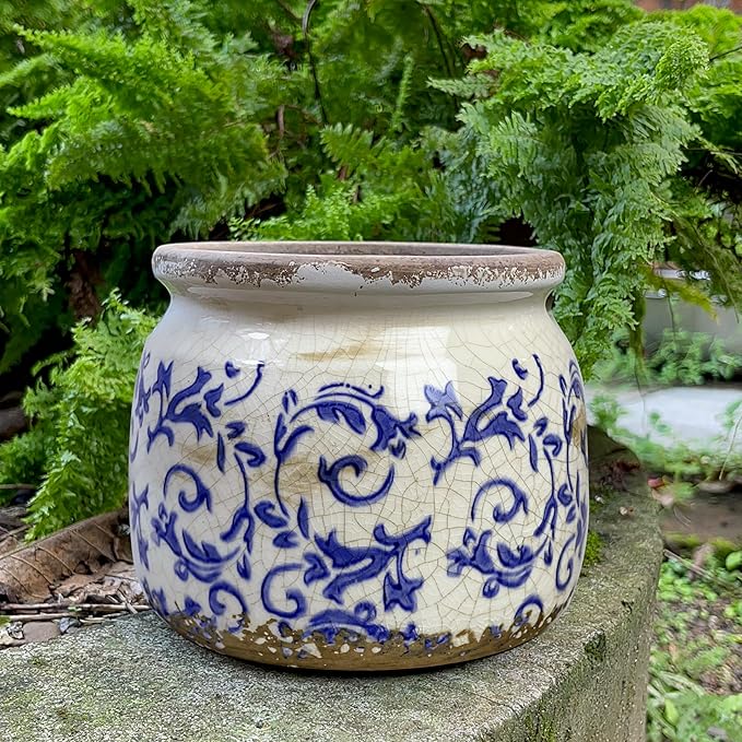 Flower Pot,Vintage Ceramic Pot for Planter with Drainage Holes, 6.29 inch Ice Crack Glazed Indoor Planters Pot for Indoor,Tuscan Home Decor,Gardening Gifts,Blue and White (Tropical)