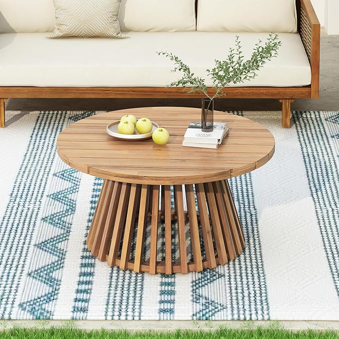 Merax Patio Outdoor Acacia Wood Round Coffee Table for Backyard, Lawn, Balcony, Easy Assemble Teak