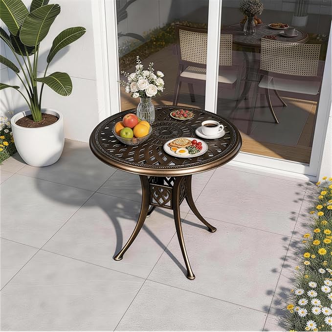 30.31" Outdoor Patio Dining Table, Cast Aluminum Patio Bistro Table, Round Patio Metal Table, Patio Furniture Set with 2.36" Umbrella Hole for Balcony Lawn Garden Backyard