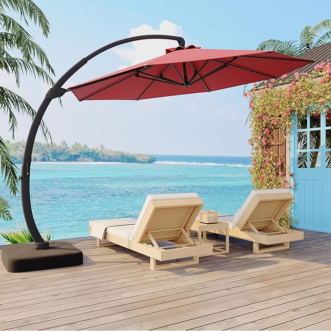 GarveeLife 11FT Cantilever Patio Umbrella With Base Included, Cantilevers Outdoor Umbrella Heavy Duty Offset, Aluminium Curved Cantilever Umbrella