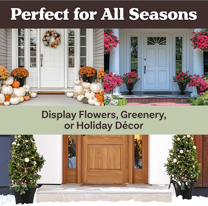 Outdoor Planter 2-Pack - 16x18-Inch Urn Planters - Plastic Plant Pots for Indoor, Outdoor, or Front Porch Decor - Flower Pots by Pure Garden (Black)