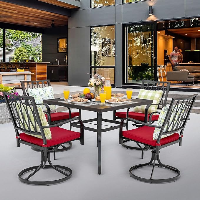 NUU GARDEN 5 Piece Outdoor Dining Set, Outdoor Furniture Set for Square Iron Umbrella Dining Table and 4 Cushioned Swivel Chairs, Black and Red Cushion