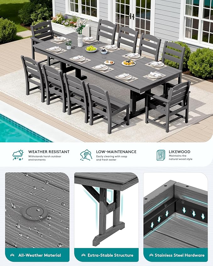 SERWALL 11 Piece Outdoor Dining Set, 84" HDPE Outdoor Table and Chairs for 10，All Weather Patio Furniture Set with Umbrella Hole for Backyard, Garden, Gray