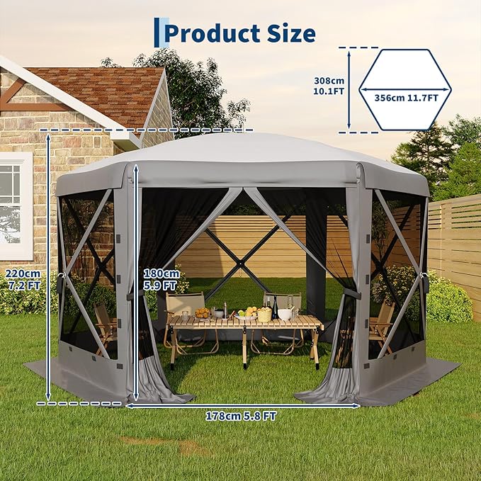 11.5x11.5FT 6-Sided Pop Up Gazebo Tent，One-Push Setup Canopy Tent with Mesh Panels & Removable Wind Cloths, Outdoor shelter for Camping, Backyard Parties, Outdoor Events - Grey