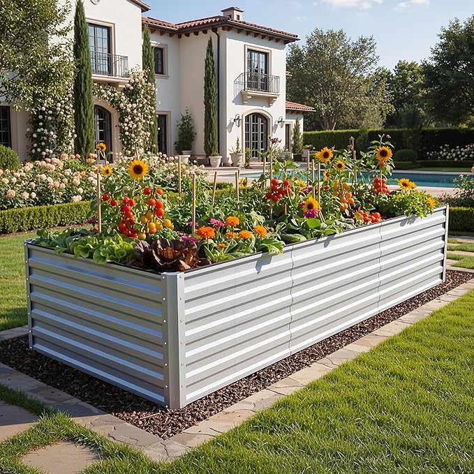 YITAHOME 8x4x2ft Large Raised Garden Bed Kit, Galvanized Metal Planter Box with Gloves, Ground Nails, Support Rod & Safety Rubber, Outdoor Above Ground Planters for Plants Vegetables Flowers, Silver