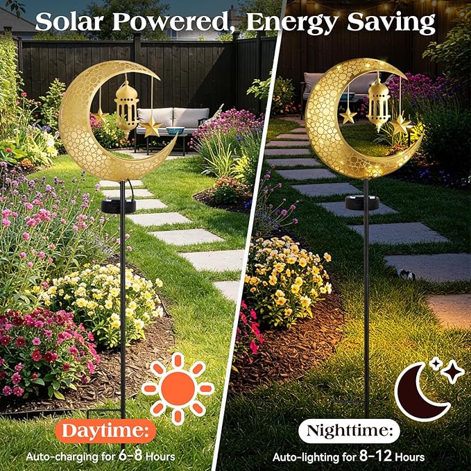 Lewondr 2Pcs Ramadan Solar Lights, Ramadan Decorations Outdoor, Metal Yard Signs LED Eid Decorations Mubarak Star Moon Lantern, Waterproof Solar Garden Stakes Lights for Walkway Lawn Patio
