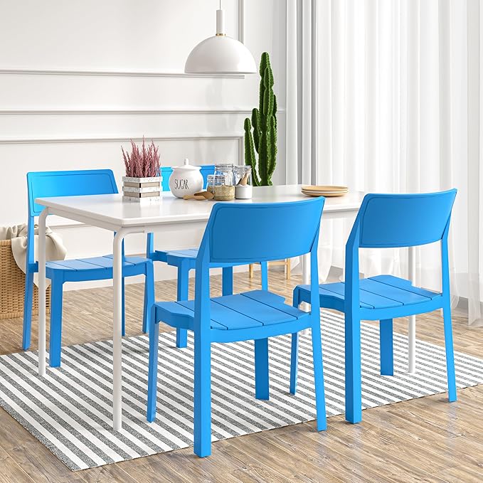 VECELO 4 Pack Stackable Dining Chairs, Plastic Patio Chairs for Indoor Outdoor Use in Kitchen, Poolside, No Assembly, Matte Blue