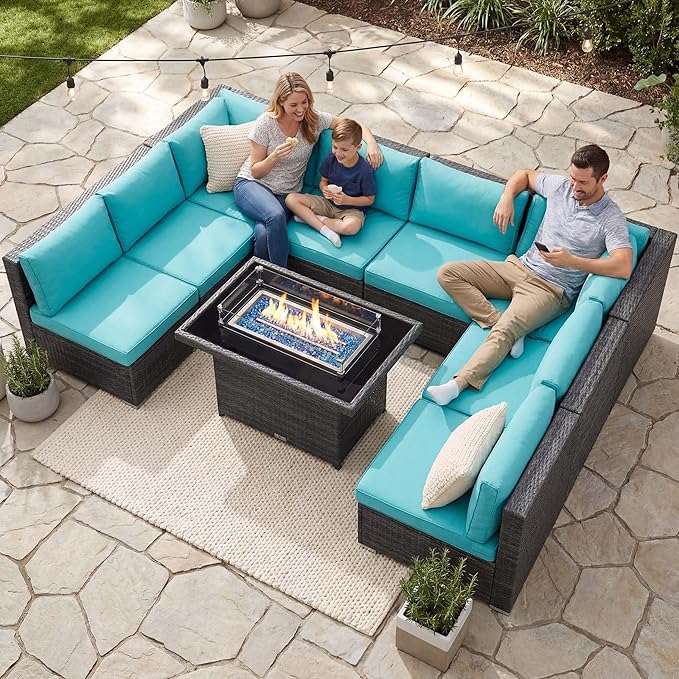 NICESOUL Extra Large 9 Piece Patio Furniture Set with Fire Pit Table Natural Gas & Propane, 29.3'' High Back Rattan Outdoor Conversations, 8 Seater Modular Sofa Set, 2 Color Cushions Turquoise & Gray