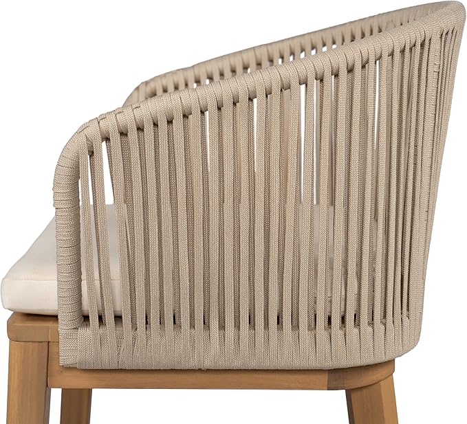 Christopher Knight Home Zax Set of 2 Patio Barstool, Acacia Wood & Rope Outdoor Counter Stool with Backrest/Footrest, Barstool Chairs with Cushion Seating for Backyard Balcony Garden, Beige + Teak
