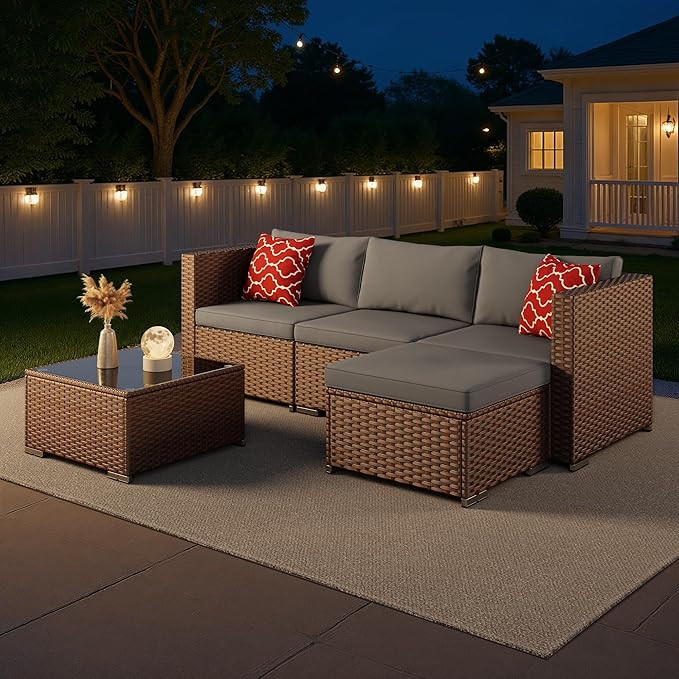Aiho 5 Pieces Patio Furniture Set All-Weather Outdoor Wicker Sectional Patio Furniture with Cushion and Glass Table (Grey)