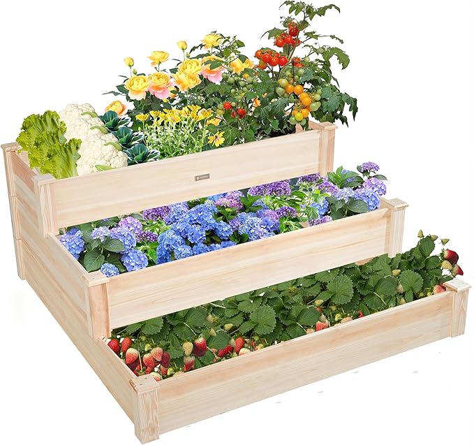 3-Tier Raised Garden Bed with Fabric Liner, Wood Elevated Planter Box with Dovetail Joint Design, 3 Dividable Bed Kit for Vegetables/Herbs/Flowers, Outdoor Gardening for Patio, Lawn, Balcony