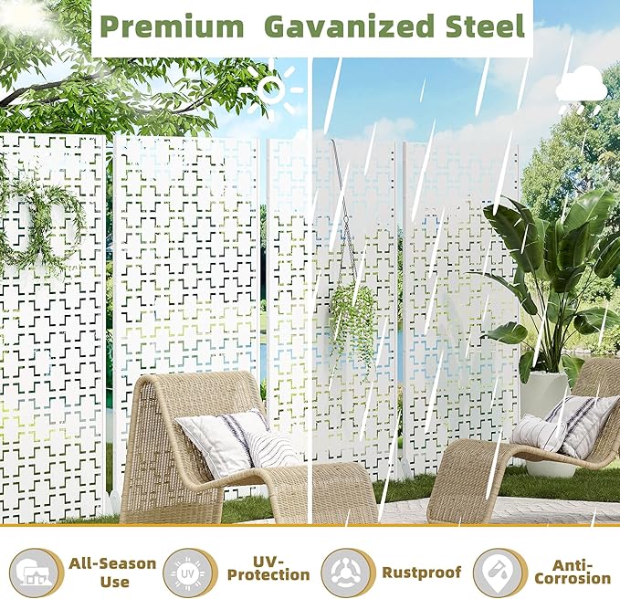 Casaphoria Metal Privacy Screen Outdoor, 72" H x 47" W Freestanding Decorative Privacy Screen for Patio Deck Balcony Garden with Stable Base, White Square
