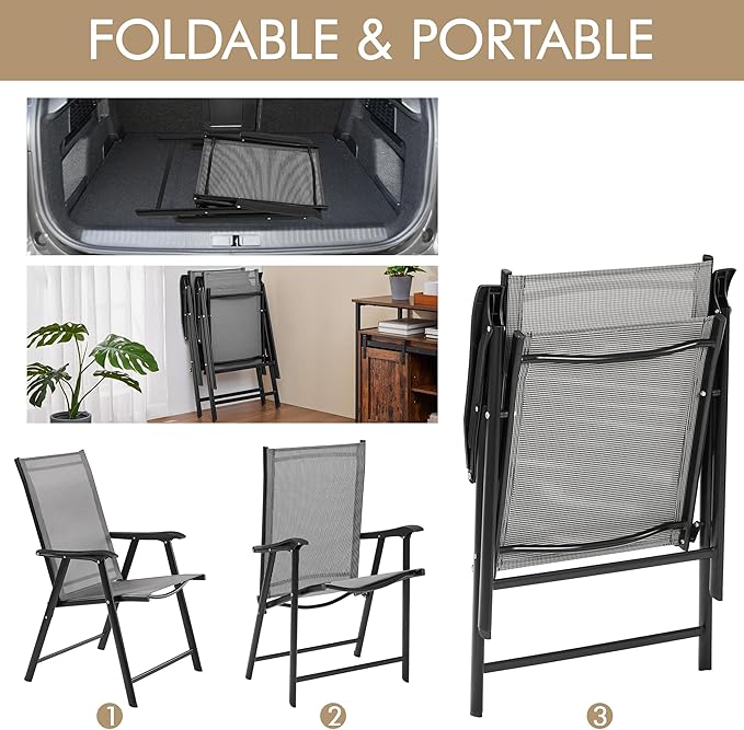 Yaheetech Patio Dining Chairs Set of 4 with Armrests, Outdoor Folding Chairs with Metal Frame and Backrest for Lawn, Garden, Yard and Poolside, Gray
