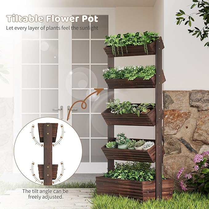 FILWH Wooden Raised Garden Bed Vertical Planter Box, Freestanding Plant Stand for Indoor Outdoor Plants, Herbs, Flowers, Vegetables, Gardening (Carbonized, 5-Tier，29.9 x 17.9 x 68in)