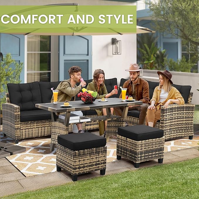 6-Piece Patio Furniture Set, Outdoor Sectional Sofa with Dining Table & Chairs, All-Weather Dining Set with Removable Cushion Covers, Ideal for Garden, Porch, Backyard, Black