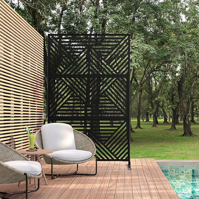 Casaphoria Metal Privacy Screen Outdoor, 72" H x 47" W Freestanding Decorative Privacy Screen for Patio Deck Balcony Garden with Stable Base, Black Zodiac