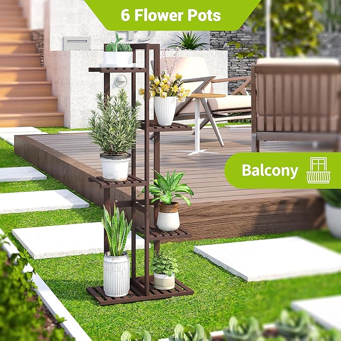 BMOSU Bamboo Plant Stand for Indoor Outdoor Plants Corner Tall Plant Shelf 6 Potted Holder Shelf Plant Rack Holder Display Rack(Brown)