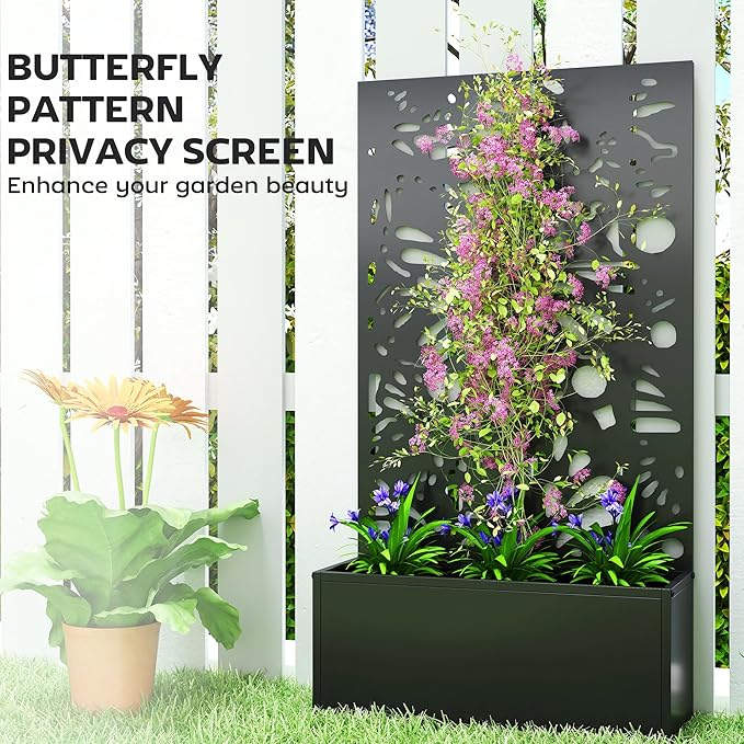 Outsunny Metal Raised Garden Bed with Trellis for Climbing Plants, Freestanding or Wall Mounted Flower Bed with Privacy Panel, Butterfly Cut-Out Outdoor Planter Box for Garden, Patio, Balcony