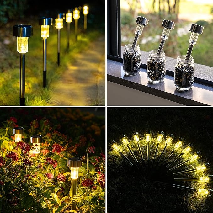 GIGALUMI Solar Pathway Lights, Stainless Steel IP44 Waterproof Auto On/Off Outdoor LED Solar Landscape Lights for Garden, Yard, Patio, Path and Walkway(20 Pack, Warm White)
