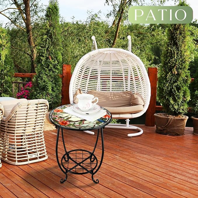 Outdoor Side Table Round Small Mosaic Patio Accent Indoor End Plant Coffee Tea Table for Yard Patio Porch Garden Living Room, Bedroom(Hummingbird A Style,14 Inch)