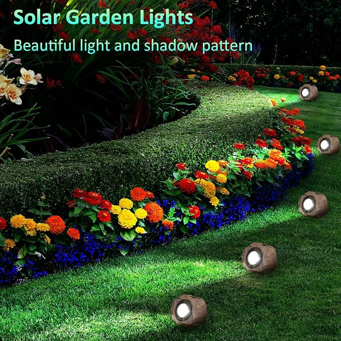 2 Pack Solar Rock Lights Outdoor, Angle Adjustable Solar Lights Outdoor Waterproof, LED Solar Garden Lights, Auto On/Off Landscape Lighting for Yard Pathway Patio Flower Bed - White Glow (Stone Brown)