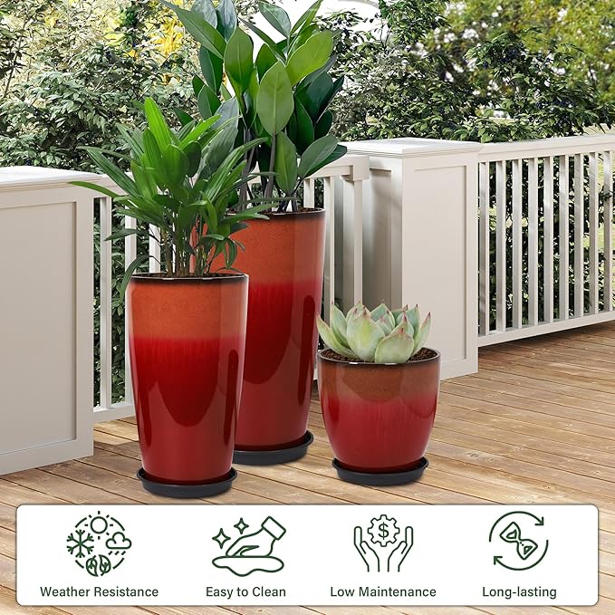 24/21/12 Inch Large Plastic Planter, Lightweight Ceramic-Look Tall Planters with Drain Hole & Saucers, Tall Plastic Planters for Porch, Garden, Patio, Balcony(Fiery Red)