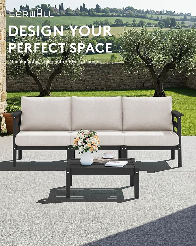 SERWALL HDPE Outdoor Furniture Set, 4 Pieces Patio Sectional Sofa Set, All-Weather Wood-Like Outdoor Sofa with Coffee Table for Deck, Garden, Black Frame with Khaki Cushion