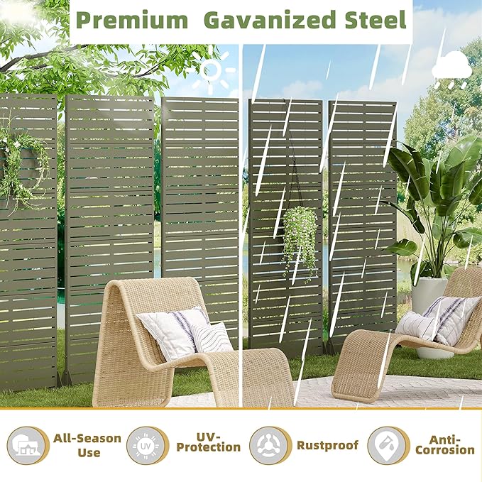 Casaphoria Metal Privacy Screen Outdoor, 72" H x 35" W Freestanding Decorative Privacy Screen for Patio Deck Balcony Garden with Stable Base, Green-Louvered