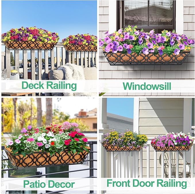 4pcs 24 Inch Window Deck with Coco Liner, 24" Window Boxes Horse Trough with Coconut Coir Liner, Metal Hanging Flower Planter Window Basket Deck Railing Planter Boxes for Outdoor Indoor Lawn