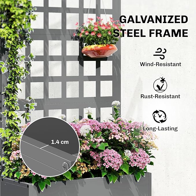 Outsunny Galvanized Raised Garden Bed with Trellis, Metal Planter Box with Drainage Holes, Outdoor Privacy Screen for Climbing Plants, Vegetable, Vines, 24" x 9" x 44.5", Gray