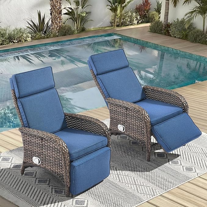 Zero Gravity Wicker Patio Recliner Chairs Set of 2 - Wicker Outdoor Lounge Chair with Adjustable Backrest & Footrest, All Weather Outdoor Reclining Chairs with Thick Cushion for Pool Deck Blue