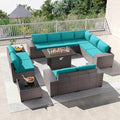 Kullavik 13PCS Outdoor Patio Furniture Set with 43" 55000BTU Gas Propane Fire Pit Table PE Wicker Rattan Sectional Sofa Patio Conversation Sets,Blue