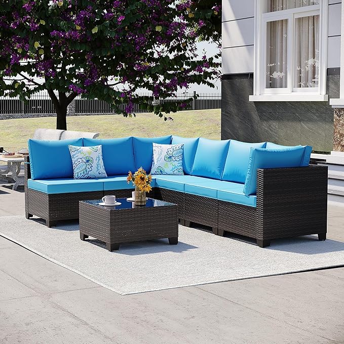 Outdoor Wicker Patio Furniture Set, Rattan Sectional Sofa Set with Thick Cushions (Brown/Peacock Blue, 7 Piece Sofa Set)