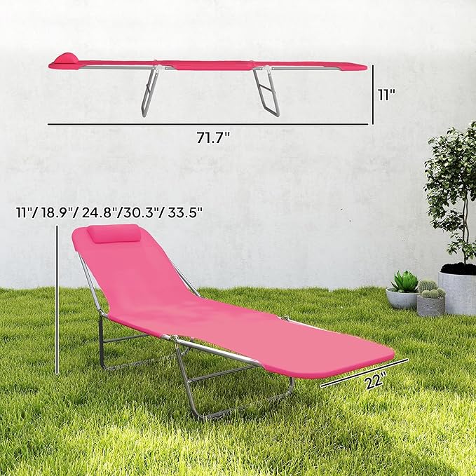 Outsunny Folding Chaise Lounge Chair, Pool Sun Tanning Chair, Outdoor Lounge Chair with Reclining Back, Breathable Mesh Seat, Headrest for Beach, Yard, Patio, Pink
