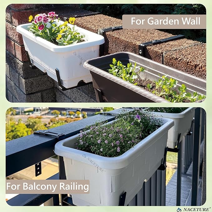 Window Box Brackets for Railing- 4 Pcs Adjustable Planter - Sturdy, Stable Flower Box Brackets for Railings, Balconies and Fences- Upright Railing Plant Holder (Black 4 Pack)