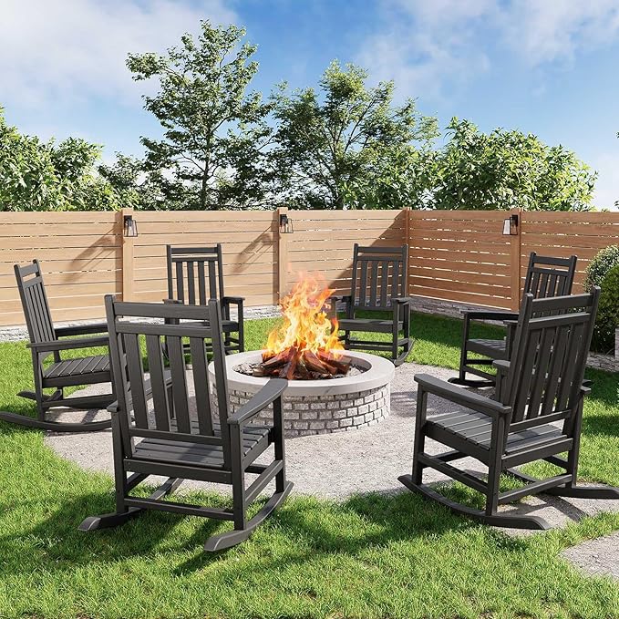 HDPE Rocking Chair Outdoor Set of 6 - Poly High Back Porch Rocker Chairs for Adults - All Weather Resistant Furniture for Patio Front Porch - Black
