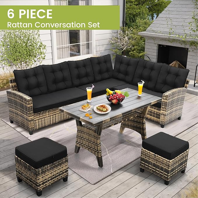 6-Piece Patio Furniture Set, Outdoor Sectional Sofa with Dining Table & Chairs, All-Weather Dining Set with Removable Cushion Covers, Ideal for Garden, Porch, Backyard, Black