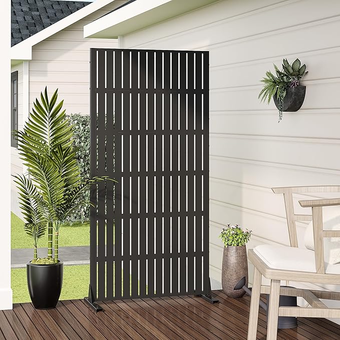 Casaphoria Metal Privacy Screen Outdoor, 72" H x 35" W Freestanding Decorative Privacy Screen for Patio Deck Balcony Garden with Stable Base, Fence Black
