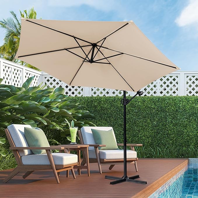 Shintenchi Patio Offset Umbrella with Easy Tilt Adjustment,Crank and Cross Base, Outdoor Cantilever Hanging Umbrella, Sunshade Free Standing Canopy, Khaki