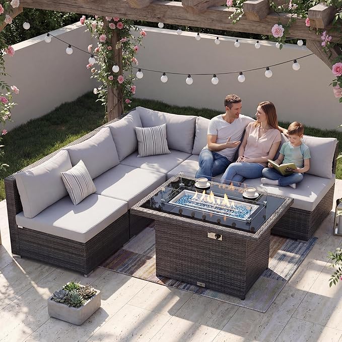 Nicesoul 6 Piece L Shaped Outdoor Patio Set with Firepit Table Natural Gas & Propane Convertible, 29.3'' High-Back Rattan Sectional Sofa, All Weather Deep Seats XL Large Conversation for Outside, Grey