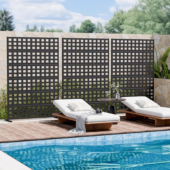 Casaphoria Metal Privacy Screen Outdoor, 72" H x 47" W Freestanding Decorative Privacy Screen for Patio Deck Balcony Garden with Stable Base, Black-Square