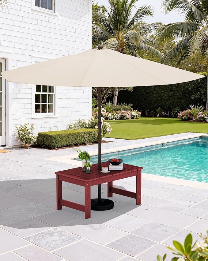 SERWALL Outdoor Coffee Table with 9FT Umbrella, HDPE Patio Coffee Table for Outside, Rectangle, Red(Not Include Umbrella Base)