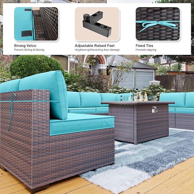 Kullavik 10 Pieces Outdoor Patio Furniture Set with 43" 55000BTU Gas Propane Fire Pit Table PE Wicker Rattan Sectional Sofa Patio Conversation Sets,Blue