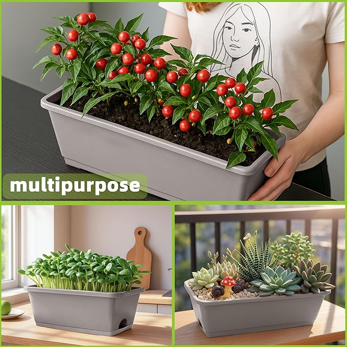 Window Box Planter, 12 Pack Plastic Vegetable Flower Planters Boxes 17 Inches Rectangular Flower Pots with Saucers for Indoor Outdoor Garden, Patio, Home Decor (Brick RED) (French Grey)