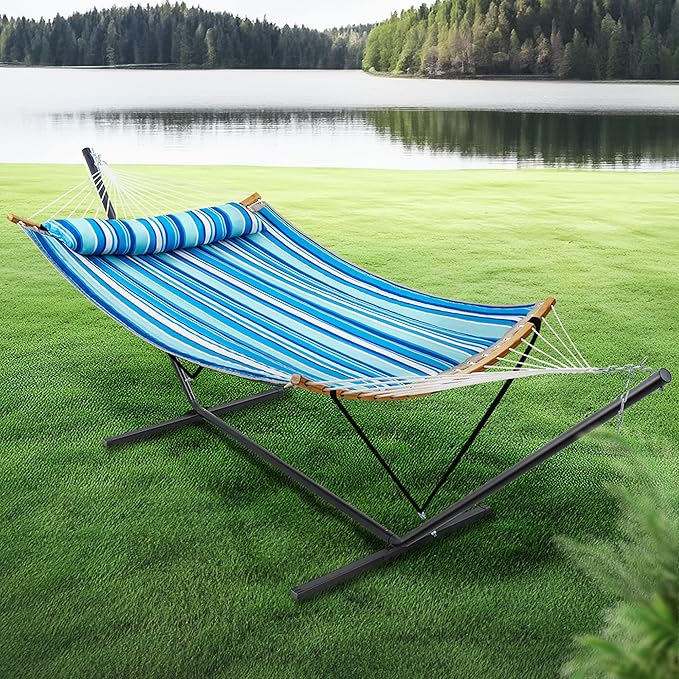 SUPERJARE Hammock with Stand, 2 Person Heavy Duty Hammock with Padded Cotton, Detachable Pillow & Strong Curved-Bar & Portable Carrying Bag, Perfect for Outdoor & Indoor, Blue Stripe